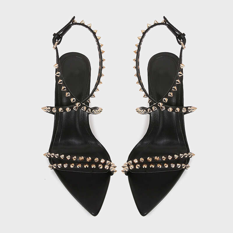 2026 Summer New Black Rivet French Style Elegant Design Shoe High Heel Pointed Toe Sexy One-Strap Sandals