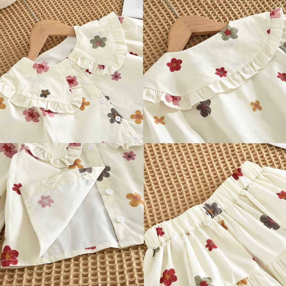 2025 New Girls Autumn Clothing Long Sleeve Flip Collar Printed Shirt Top Short Skirt Spring Fashion Casual Childrens SetT260330