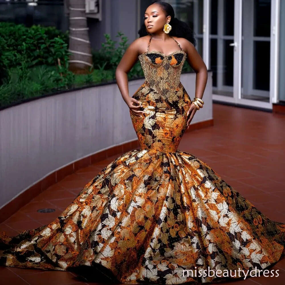 2026 Aso Ebi Nigerian Printed Mermaid Prom Dresses Halter Beaded Evening Formal Party Second Birthday Engagement Reception Gowns Dress For Special Occ