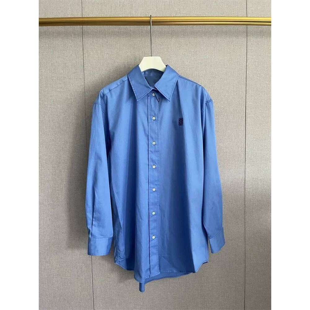 Women Long Sleeve Blue Urn-Down Collar Logo Embroidery Irregular Shirt Mdng260330