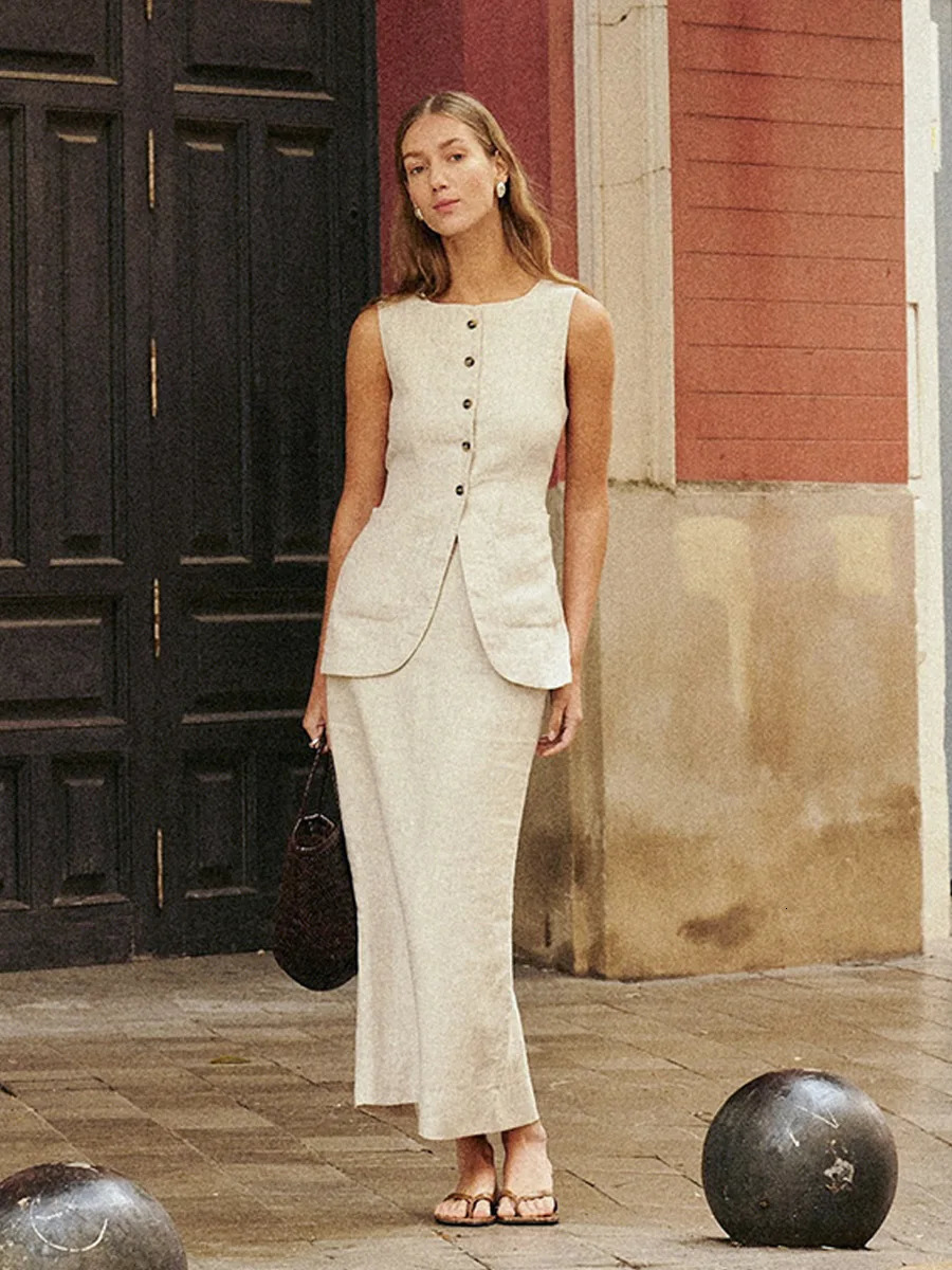 Bornladies Womens Sleeveless Vest High Waisted Skirt Set Spring Summer Linen Casual Suit Fashion Office Lady Vest Set 260326