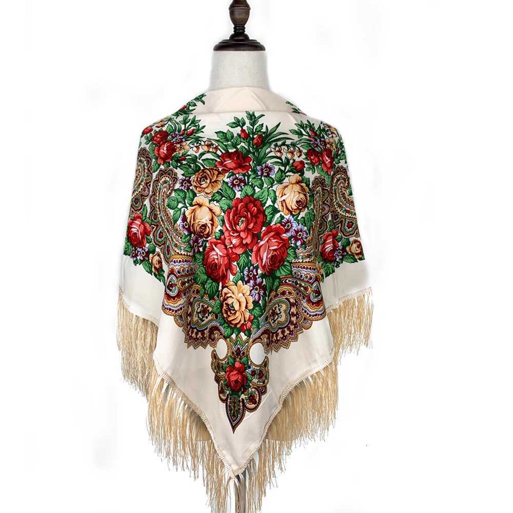 115115cm Luxury Floral Print Russian Square Scarf Wen Traditional Ukrainian Fringed Shawl Bandana Babushka Wraps X260328