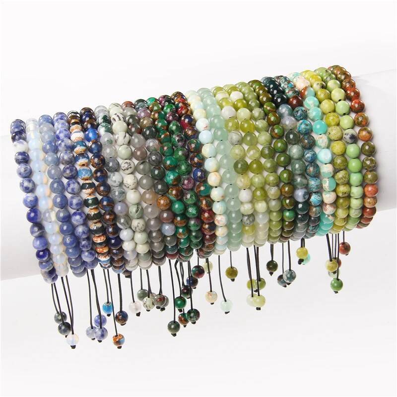 Natural Stone 6mm Beads Bracelet Adjustable Rope String Braided Bracelets For Women Men Amethysts Red Agates Lava Beaded Bangles