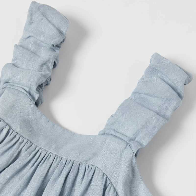 Girls Cotton And Linen Sleeveless Straps Dress Summer New Ruffled Hem Casual Vacation Backless Linen DressesT260330