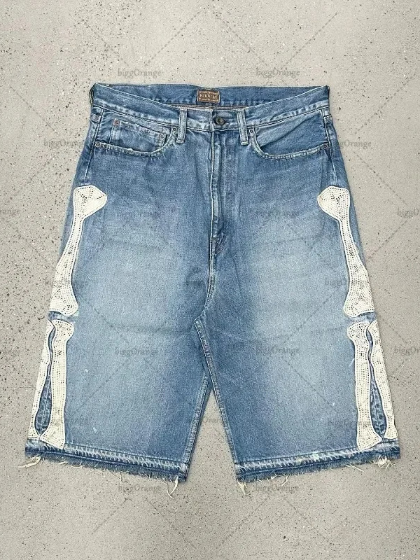 Men's Shorts Designer Shorts Men Denim Shorts High Street Retro Bone Embroidery Relaxed Fit Casual Shorts
