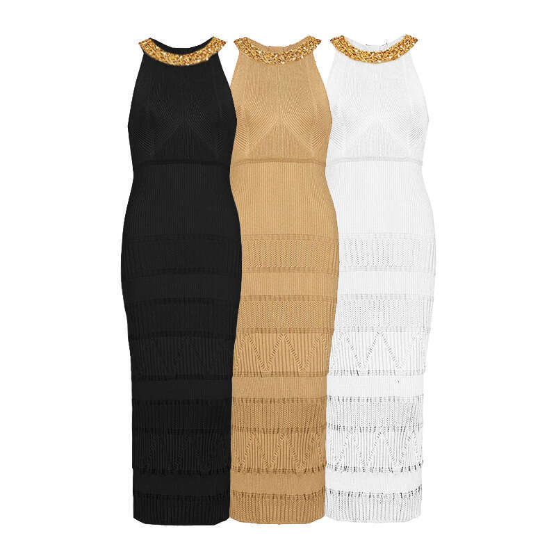 Summer new designer sleeveless thick bead trimmed slim knit dress with e22 back zipper 2026