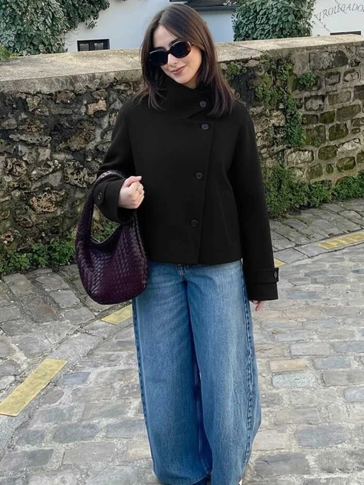 HH Spring Elegant Women Stand Collar Jacket 2026 Long Sleeve Pocket Button Single Breasted Loose Coat Female High Street OutwearT260328