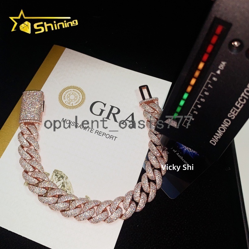 Rose Gold Color Iced Out 14mm Mosaic Setting Moissnaite Cuban Link Bracelet Custom Men 925 Silver VVS1 Moissanite Bracelet