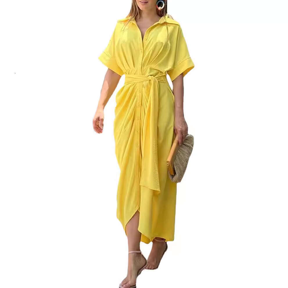 European and American women's fashion cross-border new style 2026 collared mid-length short-sleeve single-breasted high-waisted shirt dress