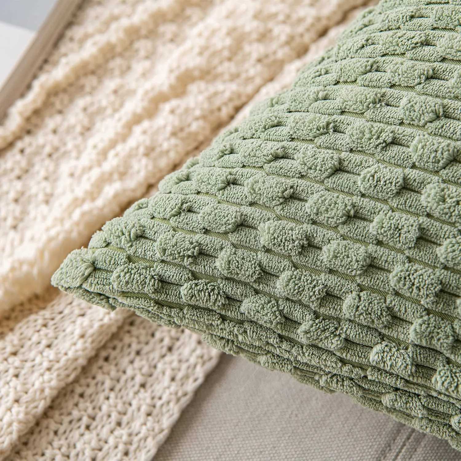 Green Pillow Covers Spring Decorations Boho Striped Corduroy Throw Pillow Cases Soft Plush Farmhouse Couch Cushion Case 45x45CM H260330 - view 5