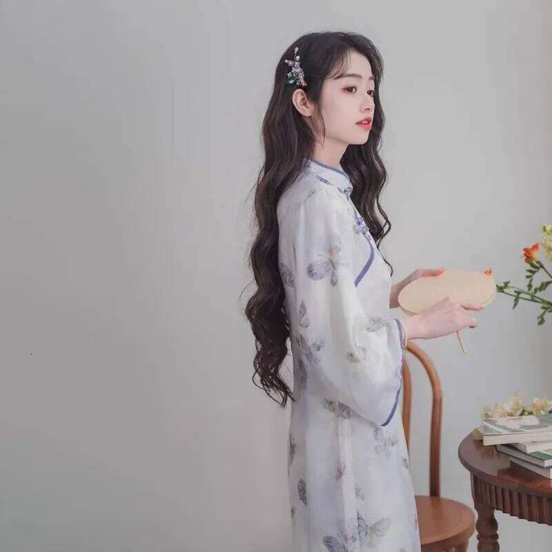 Autumn Chinese Style Women Qipao Dress Butterfly Print Long Sleeve Modern Improved Cheongsam Elegant Ladies Evening Dresses MAKOUFEI