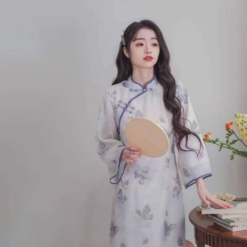 Autumn Chinese Style Women Qipao Dress Butterfly Print Long Sleeve Modern Improved Cheongsam Elegant Ladies Evening Dresses MAKOUFEI