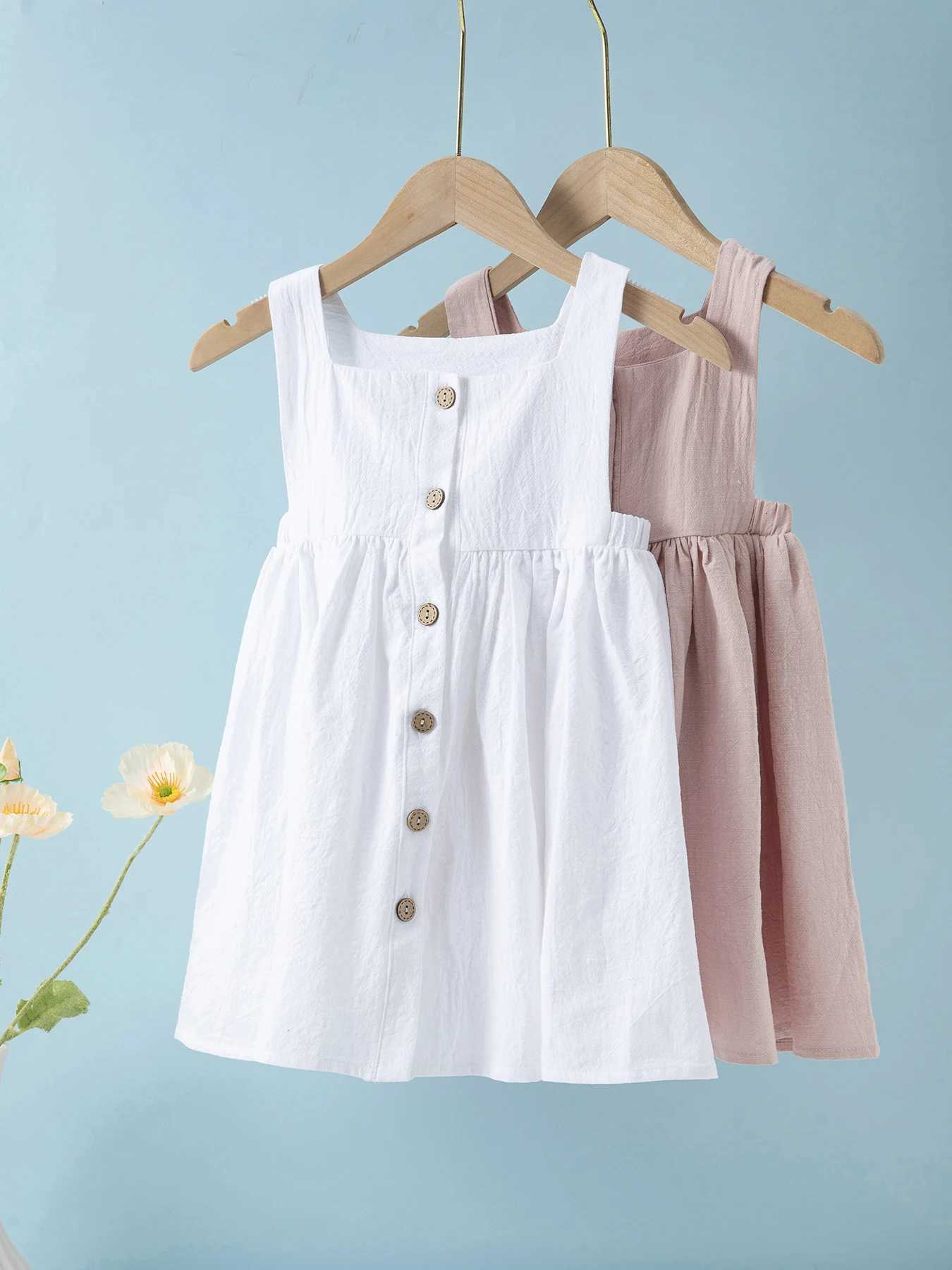 Summer kids clothes solid color suspender girl frocks linen cotton sleeveless summer dressT260330