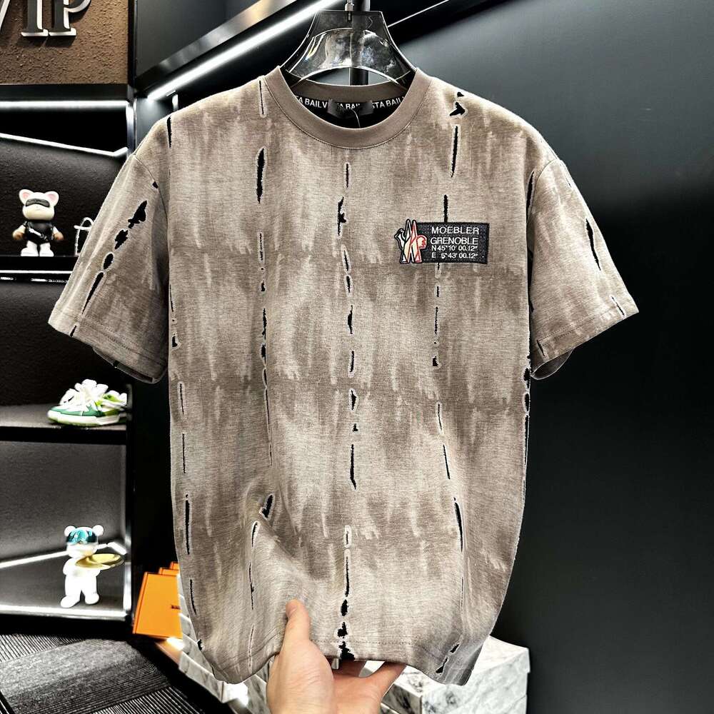 European men's high-end letter-printed rhinestone distressed short-sleeve t-shirt, trendy brand, luxury new summer half-sleeve top