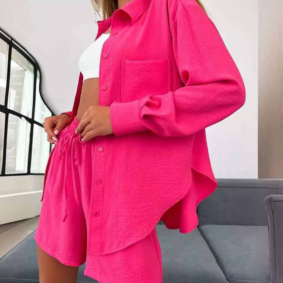 2026 Cross-border European and American women's clothing solid color single-breasted long-sleeve shirt loose fashion casual shorts set