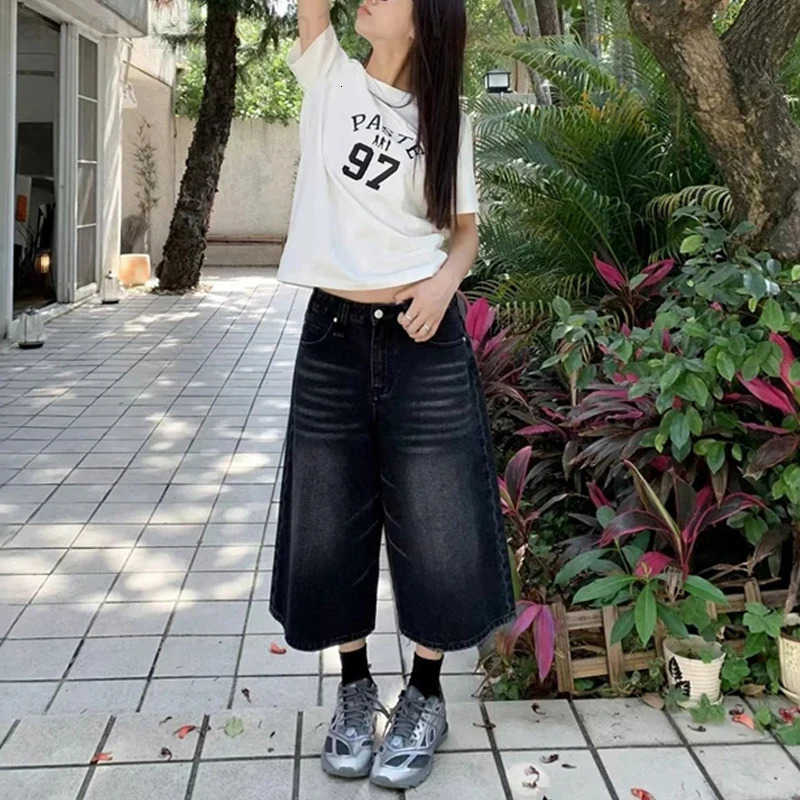 Vintage Y2k Baggy Denim Shorts Wide Leg Pants For WomenMen Fashion High Waisted Wash Knee Length Jeans Shorts Oversize Pants H260330