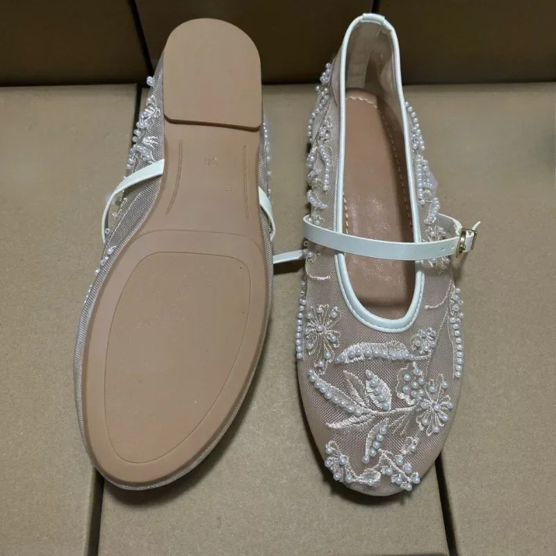 Black Mesh String Bead Ballet Flats Women Elegant Embroider Flower Buckle Mary Jane Shoes Comfort Round Toe Shoes 260323