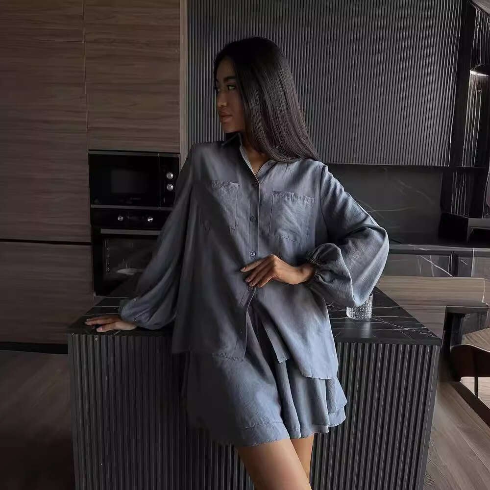 2026 Summer European and American Women's Clothing Cross-Border Long-Sleeve Top Ruffle Shorts Casual Fashion Set for Women