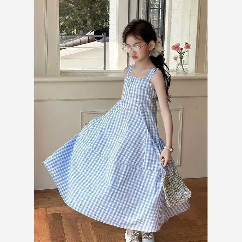 UNITIM Summer Kids Girls Sleeveless Dress Cotton Blue Plaid Children Girls Sundress 4-14Yrs Girl Dress Young Teens Girls DressesT260330