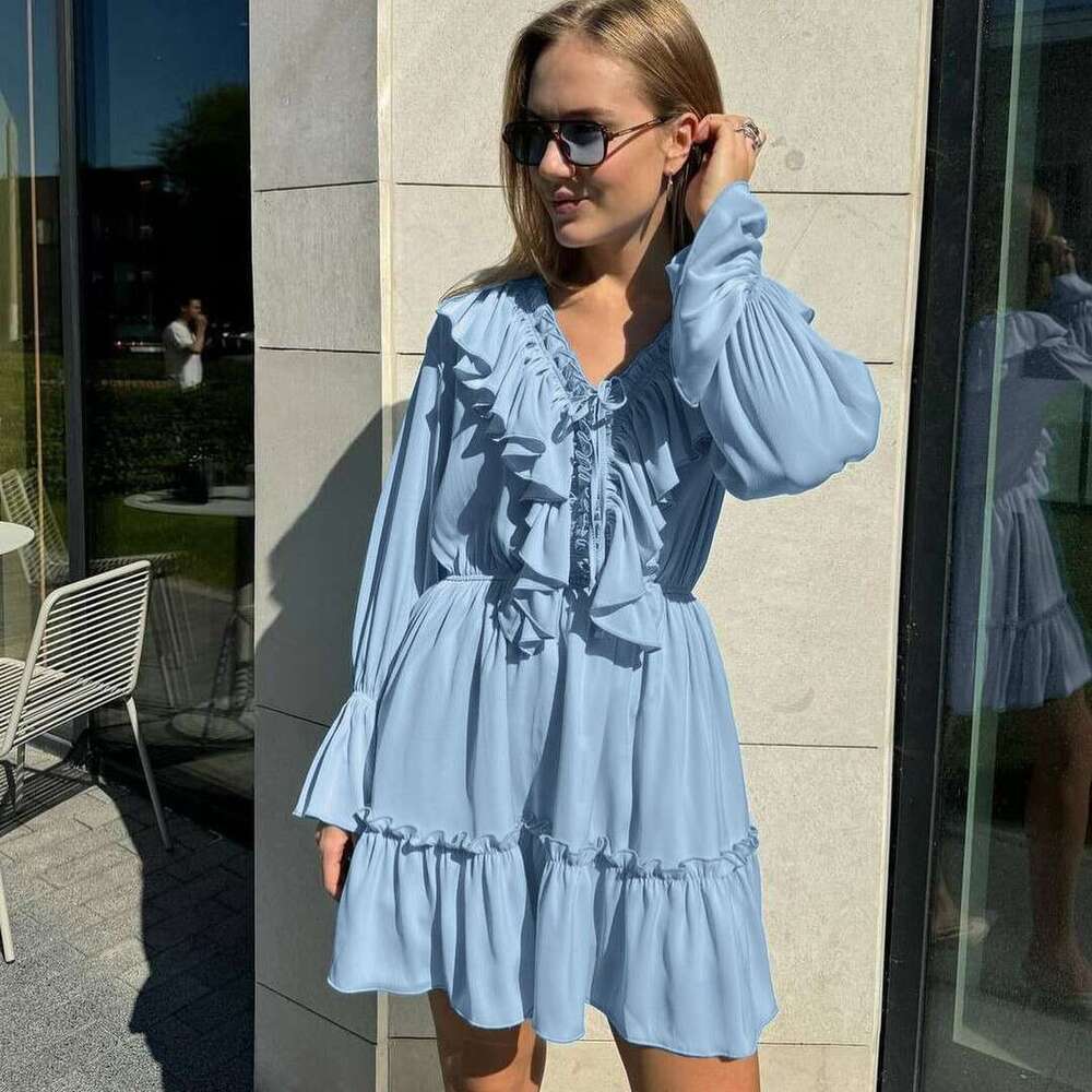 2026 New Fashionable V-neck Ruffled Bell Sleeve White with Pleated Hem, Spring Women's Designer Puffy Dress