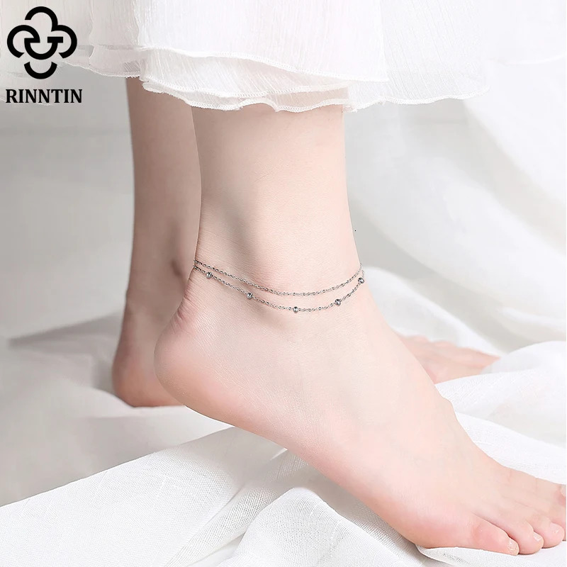 Rinntin 925 Silver Double Layered Satellite Chain Anklet for Women Summer Foot Chain Bracelet Fashion Ankle Straps Jewelry SA14 260324