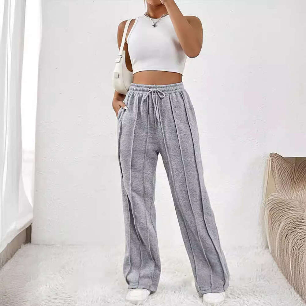 2026 Cross-Border Foreign Trade European and American Women's Casual Fashion Sweatpants Drawstring Vertical Stripe Straight-Leg Sports Pants for 