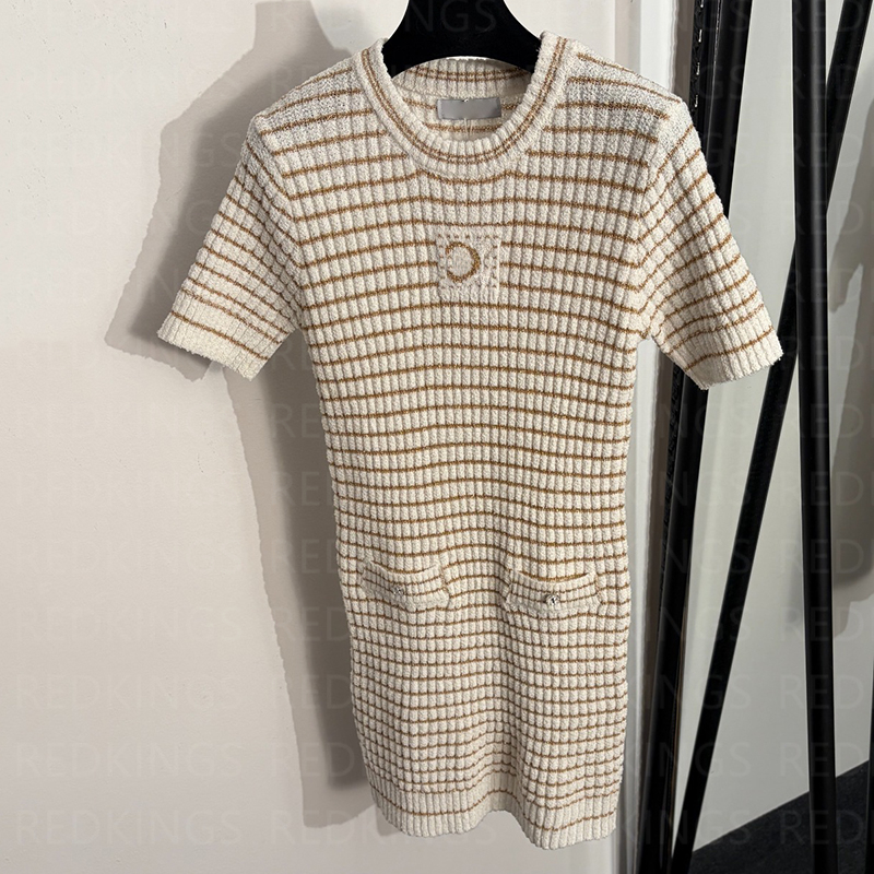 Short Sleeve Dress Women Luxury Wool Dresses INS Fashion Jacquard Designer Top Dress Vintage Stripe Knit Dress Holiday Party Dress Brand Dress