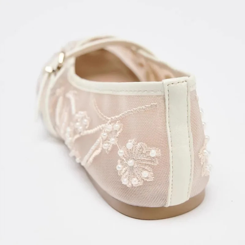 Mesh Embroidery String Bead Women Ballet Flats Fashion Buckle Breathable Mary Jane Shoe Comfort Low Heel Soft Flat Sandals 260323