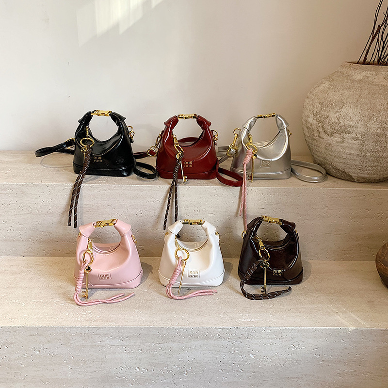 Free Shipping High Value Mini Hobo Bag for Women Glossy Leather Handbag with Key Charm Adjustable Strap