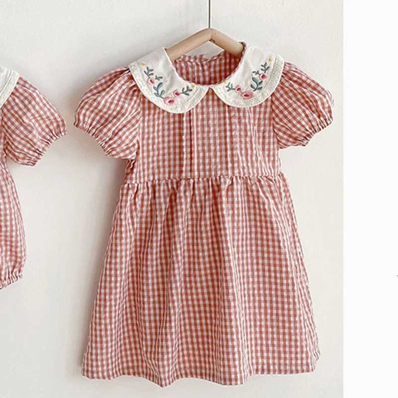 2-6Yrs Summer Girl Draped Dress Children Dress Pink Plaid Turn-Down Collar Kids Clothes Embroidery Toddler Baby Girls ClothingT260330