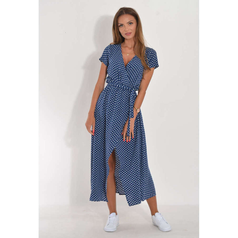 Cross-border women's clothing European and American holiday polka dot print tie-waist V-neck mid-length short-sleeve dress