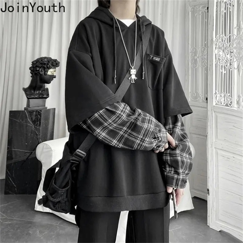 Womens Clothing Two Hoodies Patchwork Plaid Hooded Oversized Tops Korean Y2K Clothes for Teens Harajuku Casual Sweatshirt 260327