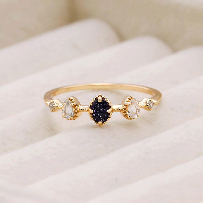Ring Exquisite Blue Sandstone Natural Topaz Ring Full 925 Sterling Silver Gold Plated Jewelry Versatile Layering Ring
