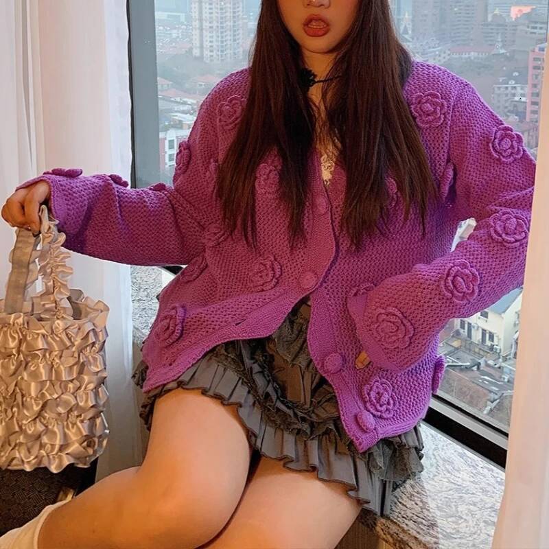 Women Crochet Cardigan Button Down Sweater Long Sleeve Hollow Out 3D Floral Applique Knit Top Spring Fall Fashion