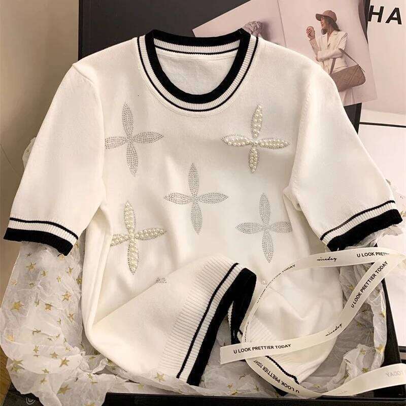 Summer Fashion Round Neck Beading Knitting T-Shirt Ladies Short Sleeve Loose Casual Patchwork Tee Top Women All-Match Pullovers
