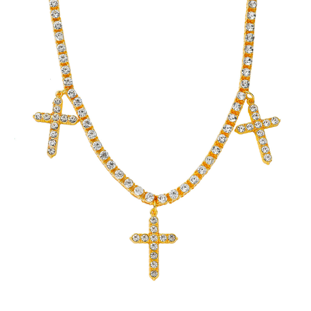 Full Diamond 3 Cross Dangle Tennis Chain Necklace Choker Hip Hop 18k Gold Plate Trendy Ins New In Iced Out Neck Accessory Crosses Pendant Collarbone C