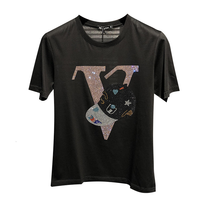 2026 New Design Blouse - Letter-shaped Artificial Gemstone Short-sleeved T-shirt From A Fashionable Brand With Unique Fashion Design And A Casual Roun