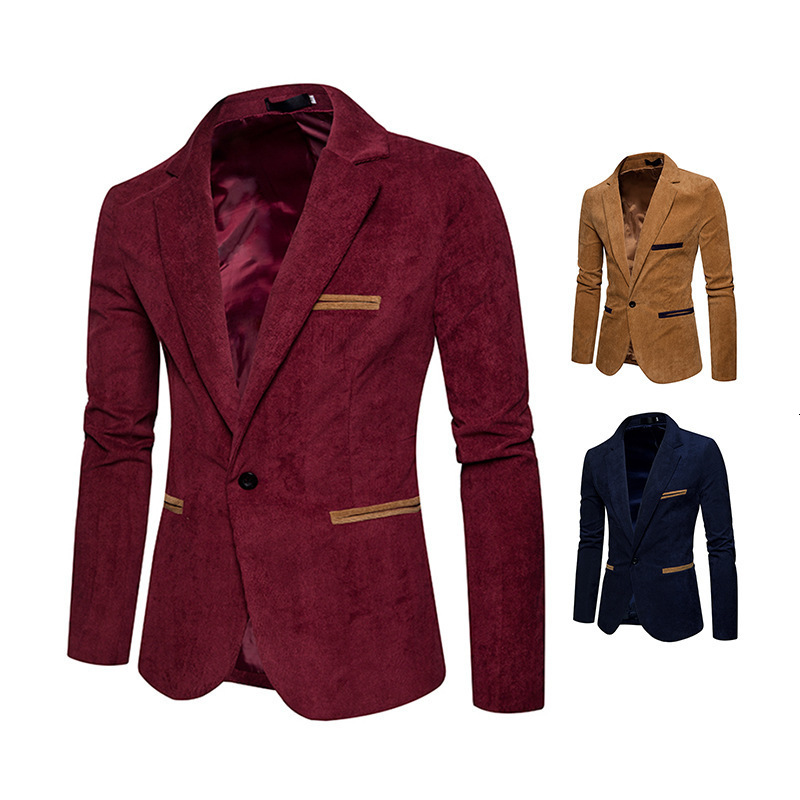 Spring and Autumn Fashion Mens Corduroy Blazer Jacket Mens Casual Color Block Jacket Business Small Suit