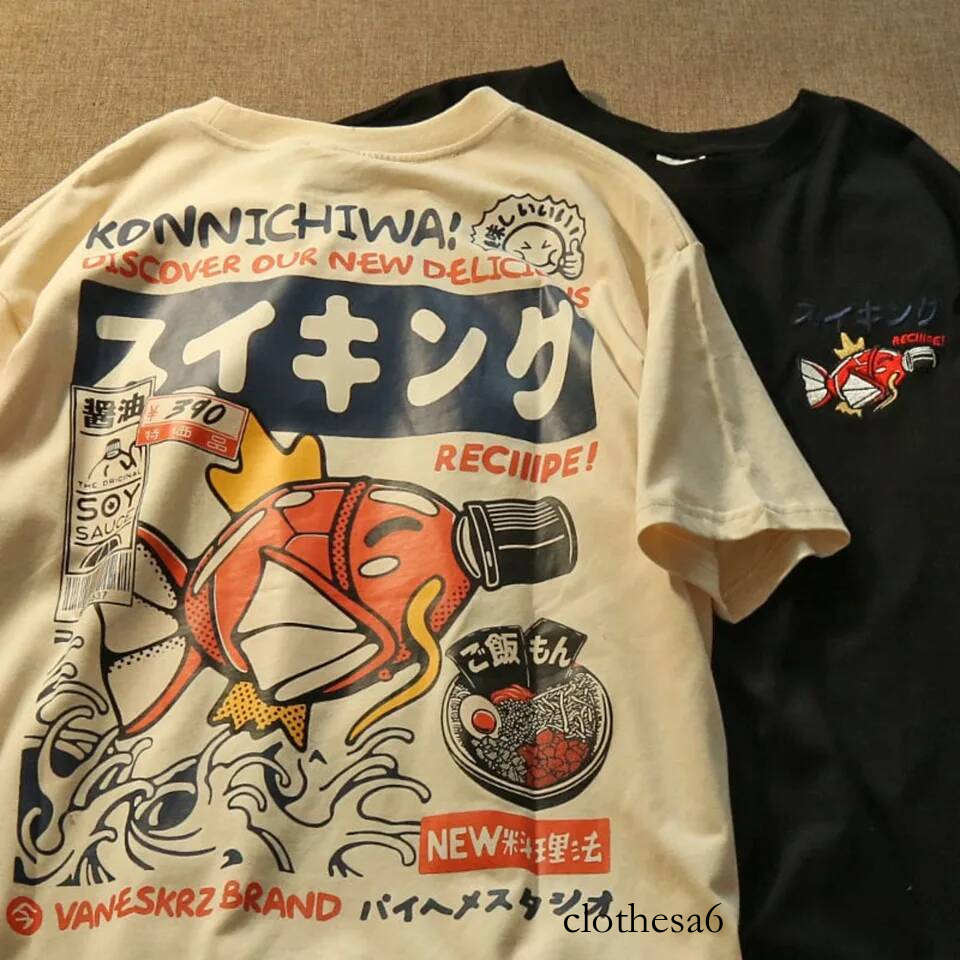 Japanese streetwear T-shirts: Men's koi fish soy sauce print Casual women's short-sleeved T-shirts for summer 2025 anime fashion Y2K clothin