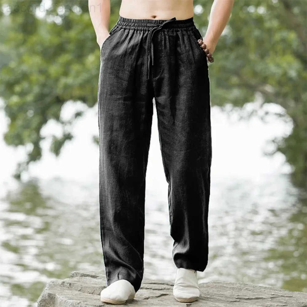 Mens Beach Pants Joggers Streetwear Cotton Linen Sweatpants Casual Pants Hawaiian Vacation Loose Summer Long H260330