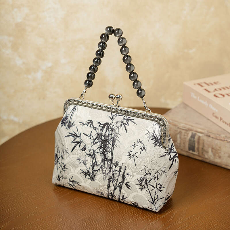 Ink-Dyed Bamboo Branch Chinese Style Hanfu Cheongsam Print Beaded Handbag Chinese Embroidery Fashion Bag Tote