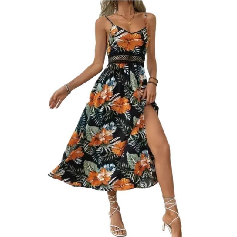 Sexy Print High Slit Cami Maxi Dress for Women Summer Fashion Vacation Clothing Womens Sunflower Spaghetti Strap Dresses