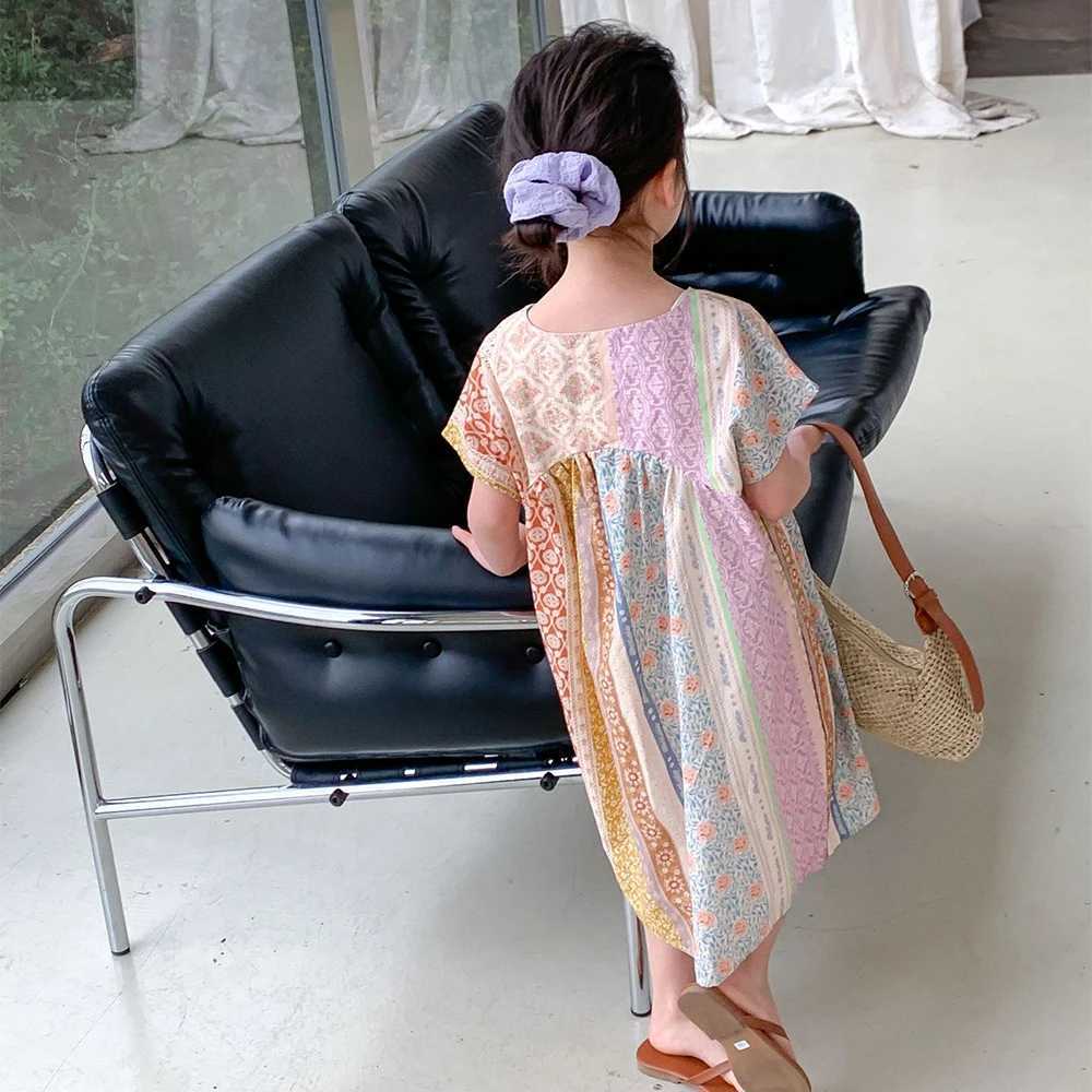 Bear Leader Girls Dress Summer New V-neck Geometric Pattern Printed Dress Kids Vacation Beach Casual Dress Childrens ClothingT260330