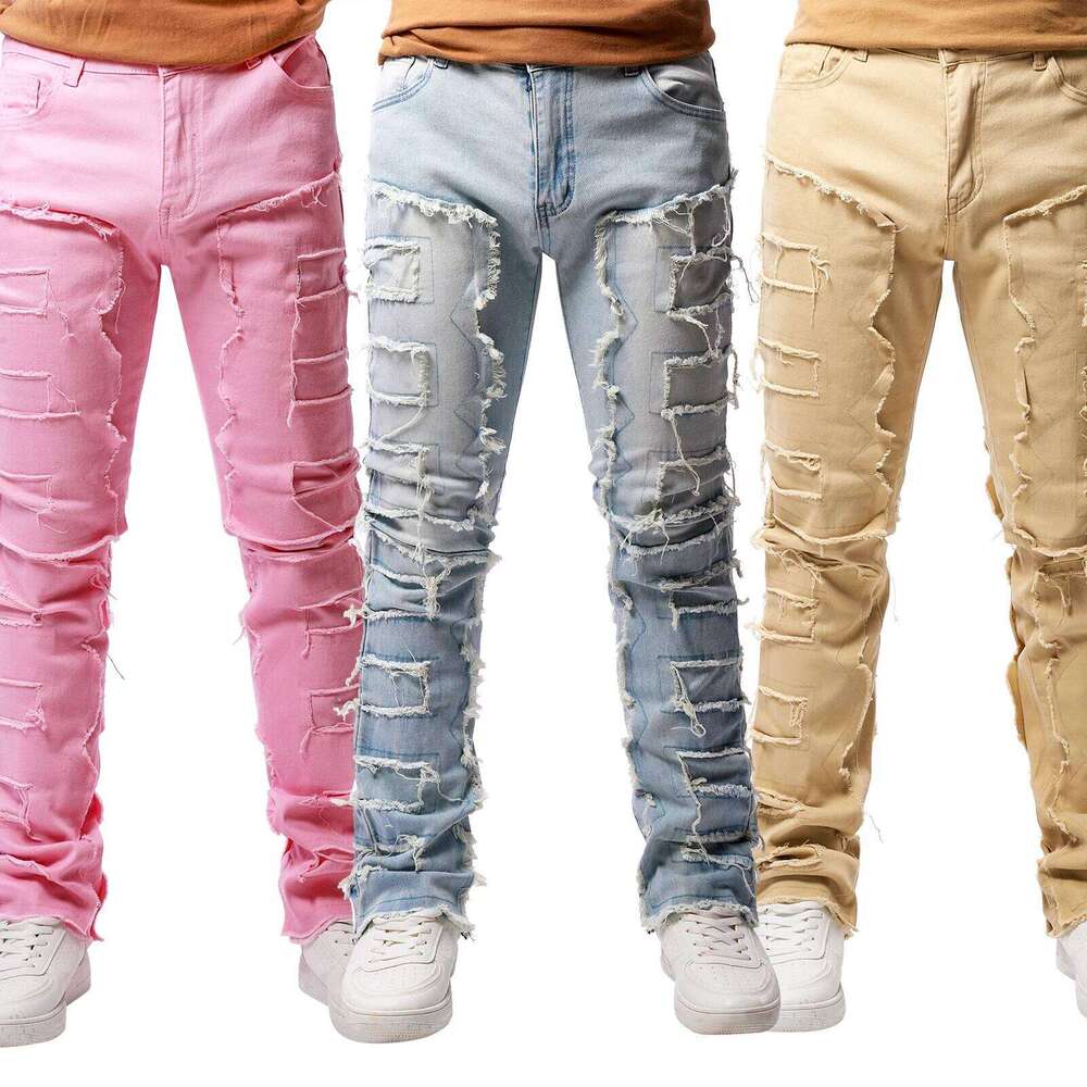 New Fashion Stretch Man Stacked Elastic Waist Straight Fit Patchworks Denim Long Pants Fringe Ripped Jeans For Men 26Y0330