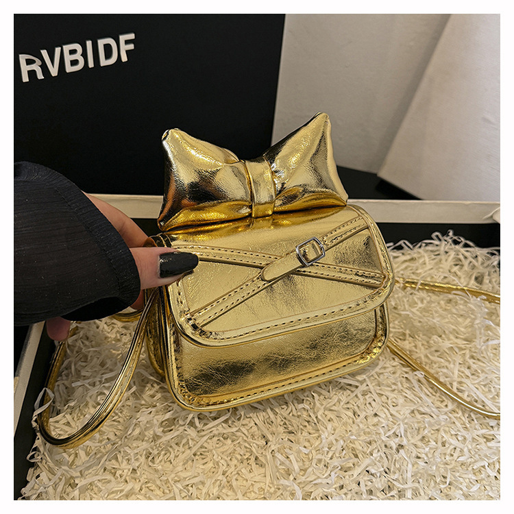 Free Shipping High Value Shiny Metallic Bow Mini Crossbody Bag for Women Cute Small Square Purse with Adjustable Strap