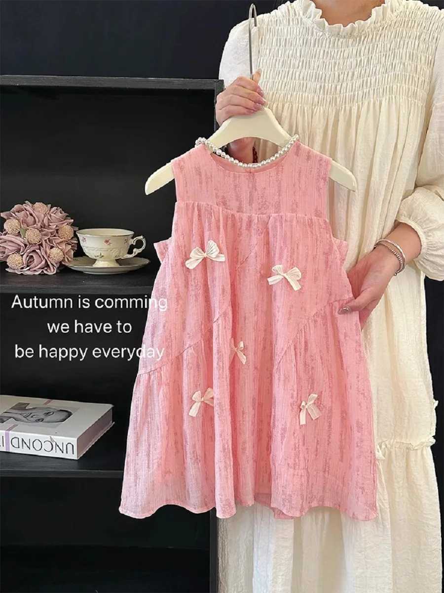 Summer New Style Girls Korean-Style Sweet Princess Dress Pink Little Girls Bow-Knot Patchwork Beautiful Sleeveless DressT260330