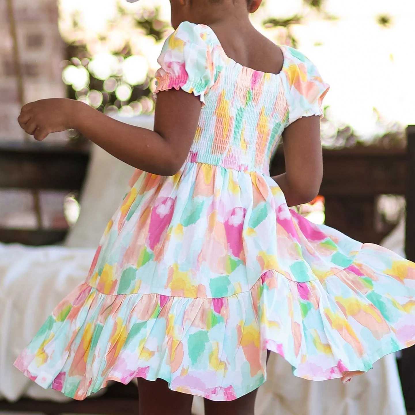 Kids Dress Baby Girls Clothes Short Sleeve 3 4 5 6 7 Y Summer Fashion Cute Casual Floral Love Printed Birthday Gift For KidsT260330