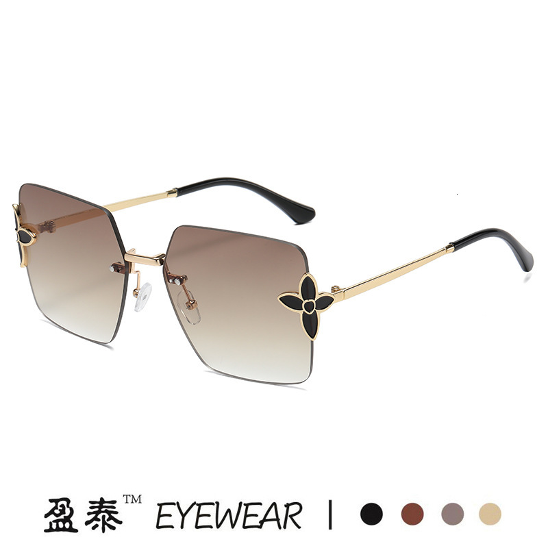 Luxury Brand Designer Sunglasses New Frameless Square Large Frame Sunglasses With Flower And Clover Design, European And American Trendy Fashion Gradi