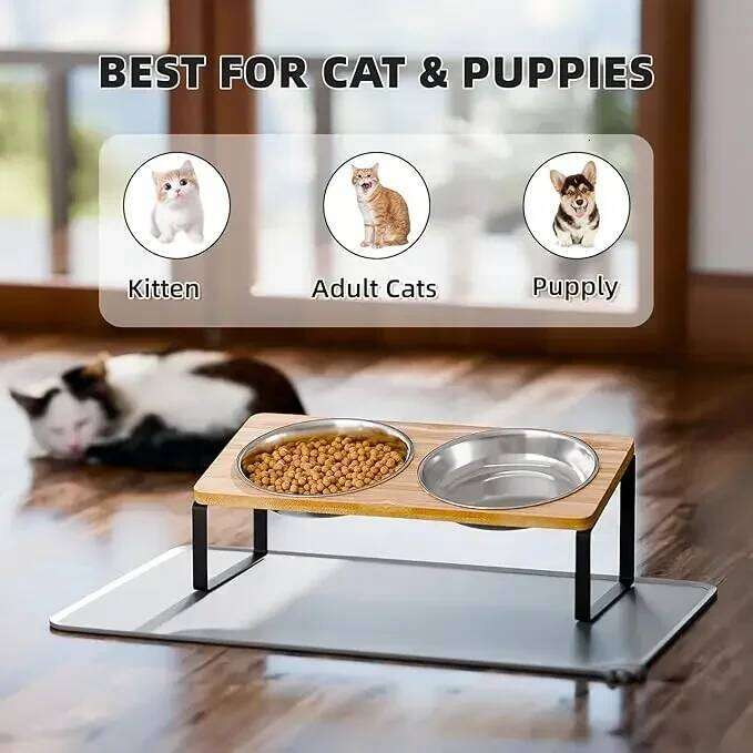 Elevated Bowls Food Mat 15 Degrees Raised Dog Bowl Stand for Puppy Cats Sturdy Bamboo Pet Feeder with 2 Stainless Steel 26W0330