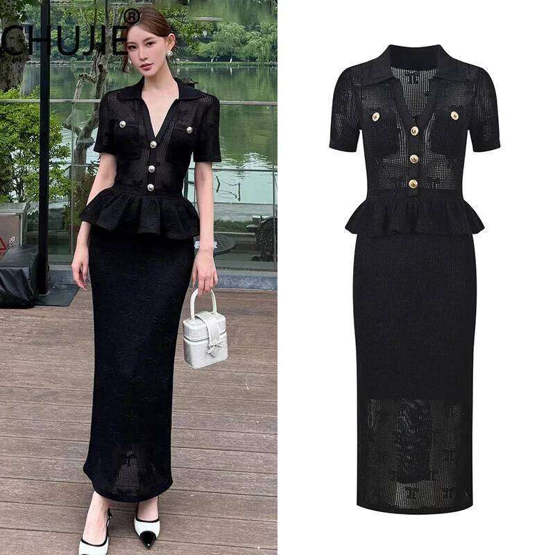 Knitted Hollow Out Midi Dress Viscose Nylon Boho Beach Calf Length Straight Hem Summer Ruffled Trim Mdng260330